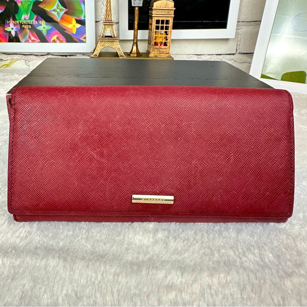 Burberry Burgundy Maroon Leather Long Wallet with Signature Plaid inside